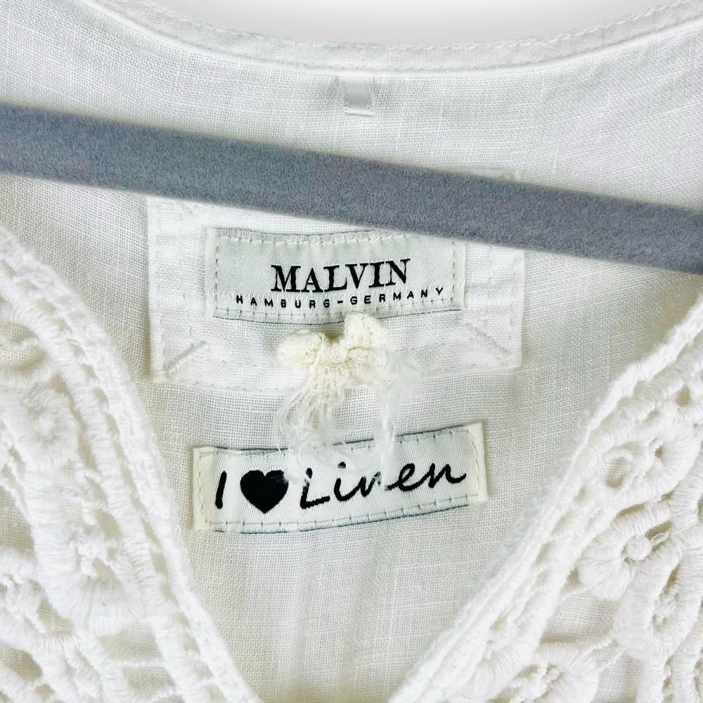 Malvin I 🖤 Linen White Tunic Medium US: 8 Top 3/4 Sleeve Blouse Beach Crochet - Picture 5 of 10